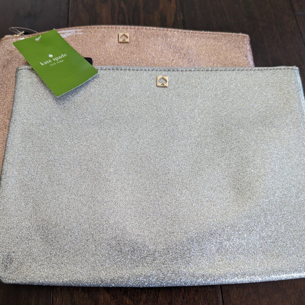 Kate Spade Glitter Pouch Clutch Set of 2 - Rose Gold and Silver
